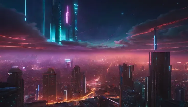 (obra prima) cidade no estilo cyberpunk, illuminated sky, neon light, imagem vista do zero, paisagem ampla, cidade futurista