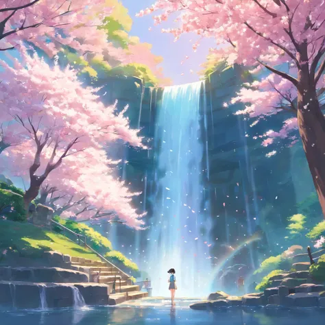 a beautiful sakura garden waterfall, ethereal, aesthetic, in the style of studio ghibli and toei, trending on artstationhq