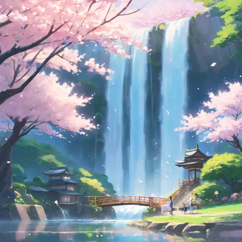 a beautiful sakura garden waterfall, ethereal, aesthetic, in the style of studio ghibli and toei, trending on artstationhq