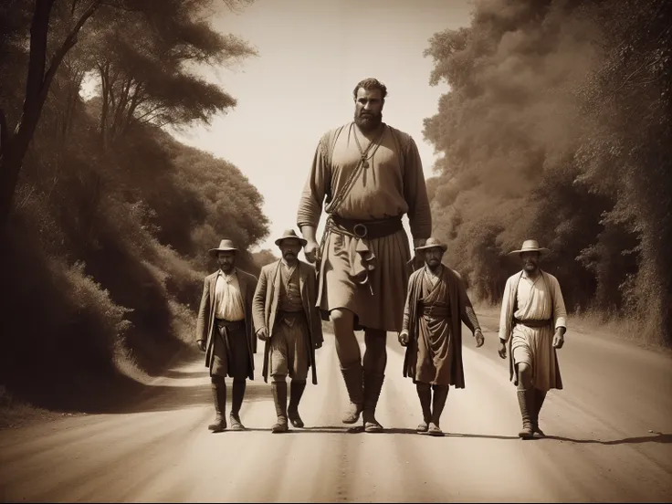 (Masterpiece) A ultrarealistic photograph of a group of villagers walking down an old road holding a giant man in chains, nomad, vintage sepia photography, very old and torned photo