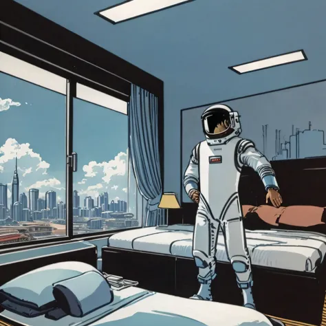 Young astronaut wakes up in a huge bed in a giant room of a skyscraper. description: The room is spacious, Adicionar alto, Large windows in the room in a panoramic view of the scene, com uma cama grande no centro. Grande, Tall windows offer an impressive v...