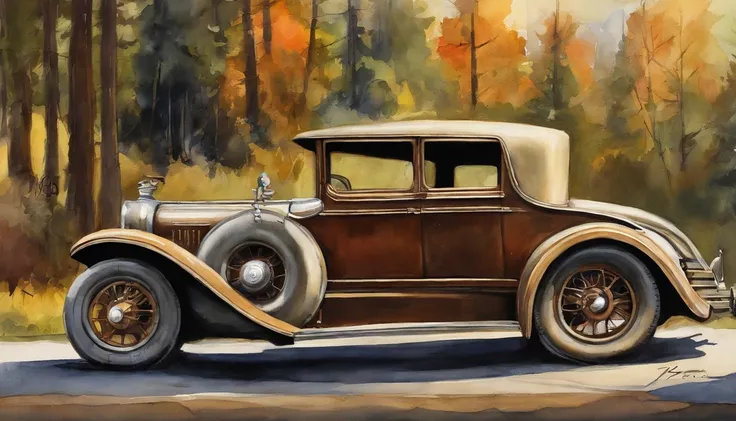 there is a cartoon old car retro futuristic parked on the side of the road, 1929, 1 9 2 8, vintage car, 1 9 3 1, 1 9 2 5, 1925, vintage cars, 1 9 3 0, 1930, 1 9 2 7, 1 9 2 4, 1924, a wide full shot.  illustration. realist. 2d. mega man game style.