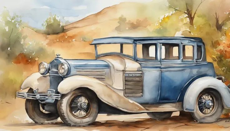 there is a cartoon old car retro futuristic parked on the side of the road, 1929, 1 9 2 8, vintage car, 1 9 3 1, 1 9 2 5, 1925, vintage cars, 1 9 3 0, 1930, 1 9 2 7, 1 9 2 4, 1924, a wide full shot.  illustration. realist. 2d. mega man game style.