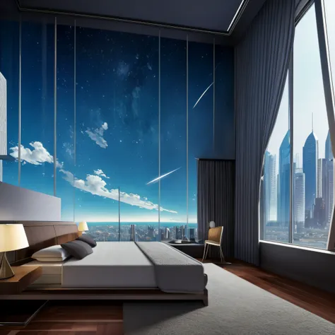 Young astronaut walks in huge giant room of a skyscraper. description: The room is spacious, Adicionar alto, Large windows in the room in a panoramic view of the scene, com uma cama grande no centro. Grande, Tall windows offer an impressive view of a sunny...