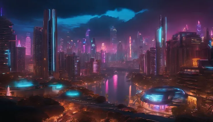 (obra prima) cidade no estilo cyberpunk, illuminated sky, neon light, imagem vista do zero, paisagem ampla, cidade futurista