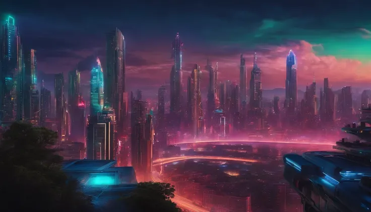 (obra prima) cidade no estilo cyberpunk, illuminated sky, neon light, imagem vista do zero, paisagem ampla, cidade futurista