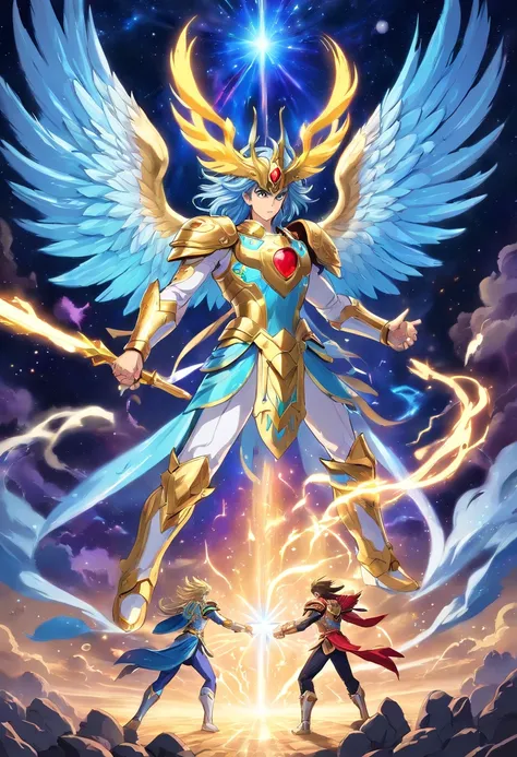 a mystical battle between Bronze Saints and Gods in Saint Seiya, dynamic fighting scenes, vibrant and detailed armors, majestic and intricate constellations, intense energy and power, glowing and ethereal cosmos, dramatic combat poses, incredible special e...