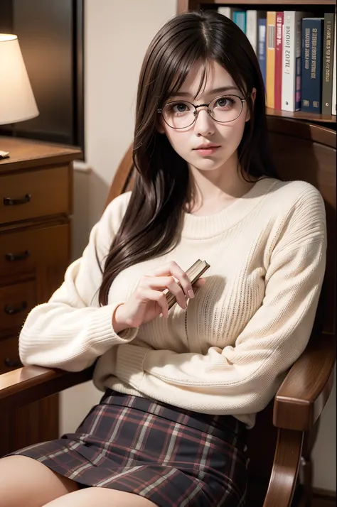 (best quality,ultra-detailed),a girl reading a textbook,beautiful detailed eyes,beautiful detailed lips,longeyelashes,studying,a quiet library,soft natural lighting,bookshelves filled with books,curled up on a cozy armchair,reading glasses,concentrated exp...