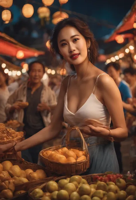 Lively Night Market. The woman is dressed in casual clothes, They have very large breasts and décolleté, Carrying snacks, and his face is full of joy and contentment.