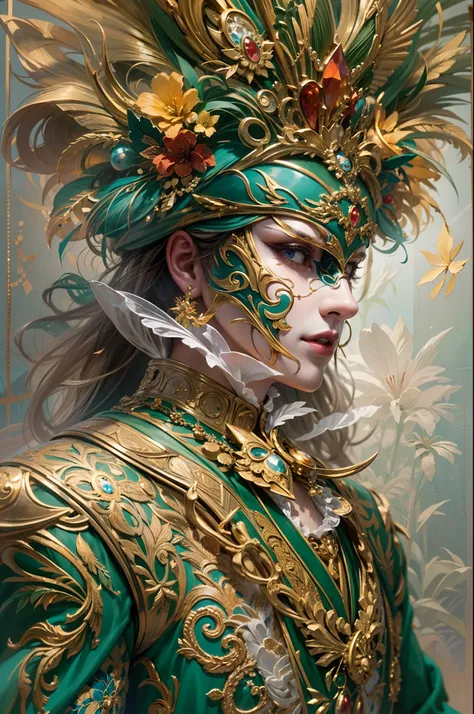 (Masterpiece, Best Quality, Hyperdetailed), Generate an alluring image of a charismatic male character reveling in the splendor of the Venice Carnival. He wears an elaborate and vividly colorful costume that pays homage to the carnivals rich history. His a...