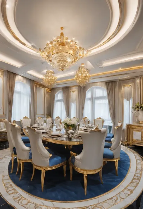 Oversized huge luxury white、Restaurant "Gold and Blue"，Equipped with a dining table for 12 people