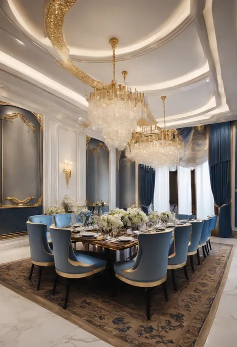 Oversized huge luxury white、Restaurant "Gold and Blue"，Equipped with a dining table for 12 people