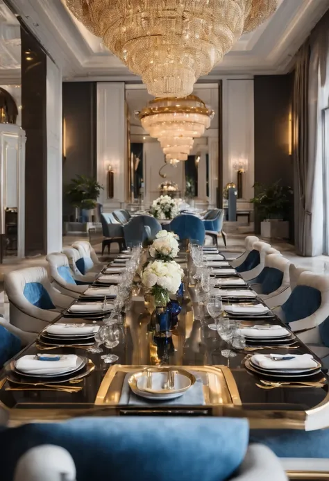 Oversized huge luxury white、Restaurant "Gold and Blue"，Equipped with a dining table for 12 people