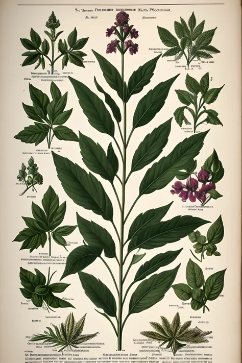 Vintage Victorian style　Precise botanical encyclopedia dark color plants, (best quality:1.2), (detailed:1.2), (masterpiece:1.2), vintage botanical illustrations of different herbs (1770 1775) in high resolution by John Edwards