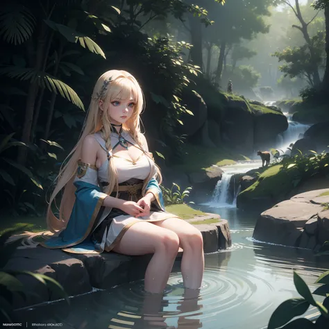 maozonia indigenous girl, 20 years old, bathing in a river, in the middle of the forest, a jaguar watching from afar, sad, Clockpunk, Gamercore, street level view, Blender rendering, 100mm, Sculpture, iridescent colors, Medicalcore, strobe lighting, ultra ...