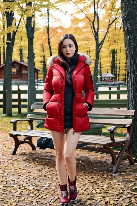 Make a woman with big breast, Red long winterjacket , with open zipper, with face, body, Lakeside house, travel bag, dog,Nude