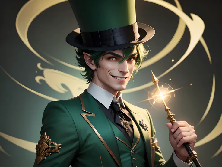 8k, High definition, master part, ultra detalhado, melhor qualidade), Deus da loucura, deus malandro, small fey, green skin, floating, top hat, fancy clothes, evil smile, rpg, fantasy, epic, magivc