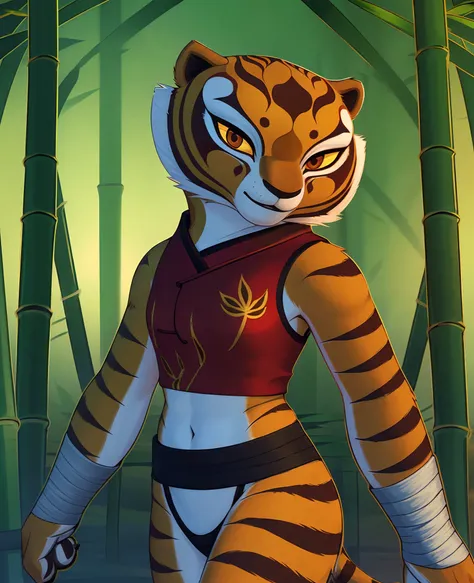 mastertigress, furry female anthro, tiger girl, (bandages, bandeu, sarashi:1.2, midriff), portrait, tranquil, solo, (body fur:1....