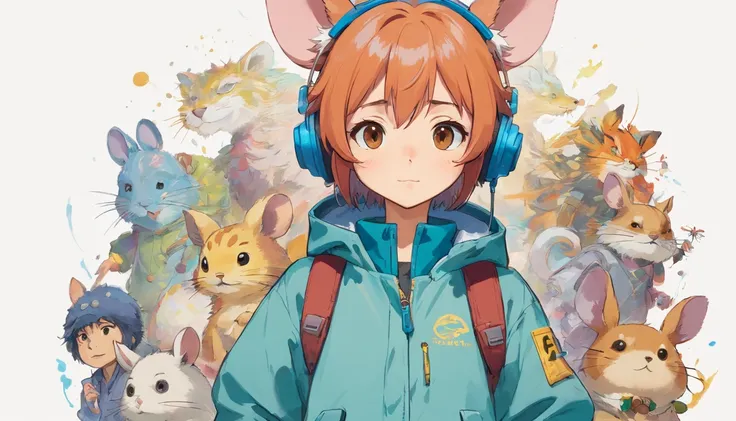 Perfect centering, Cute mouse, Wear a student team jacket, Wearing sunglasses, Wearing headphones, cheerfulness, Standing position, Abstract beauty, Centered, Looking at the camera, Facing the camera, nearing perfection, Dynamic, Highly detailed, smooth, S...