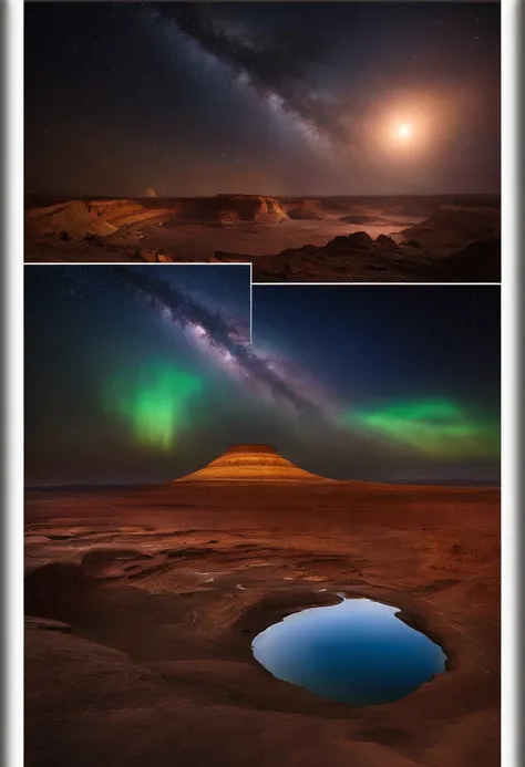 sunrise in mars, 12tulips, galaxy starry sky 2moons dark, aurora, aerial view, river, ruins