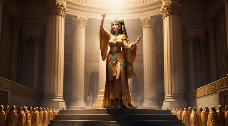 Cleopatra dressed in robes speaking to a crowd in the background on top of a stage as if it were a speech