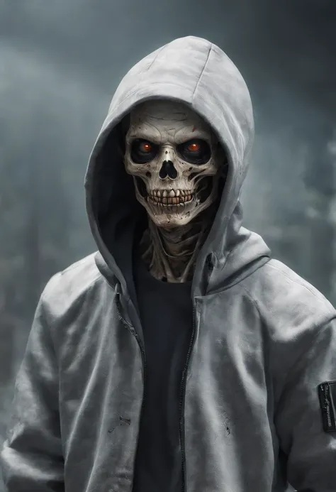 Create an ultra-wide photo of a decrepit zombie wearing an Adidas coat and hoodie, against an abstract background. The overall style of the image should be minimalist with an Artgem touch. The zombie should be rendered in a decrepit, cadaverous style, with...