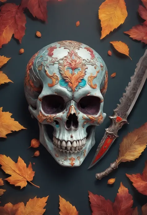 a close up of a skull with a dagger in its head,autumn leaves,impacting skull,broken teeth,fantasy skull,spooky full color detailed art,4k scary full color art,holy skull,psychedelic background conjuration,detailed digital art, blood, sacred skulls, psyche...