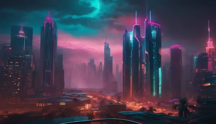 (obra prima) cidade no estilo cyberpunk, illuminated sky, neon light, imagem vista do zero, paisagem ampla, cidade futurista