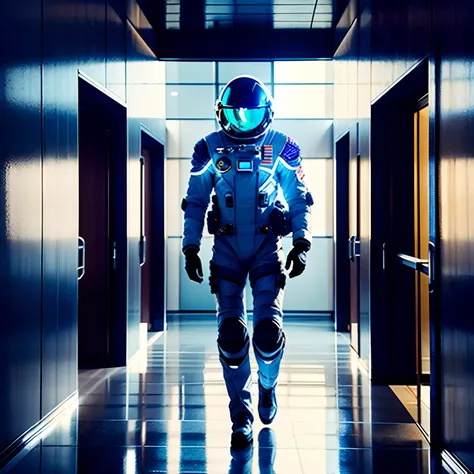 Young male astronaut walking in a hallway of a building, add a hallway with large windows in a panoramic view of the scene of a futuristic metropolis. Large tall windows offer an impressive view of a sunny metropolis. Add a blue sky with clouds in the sky,...