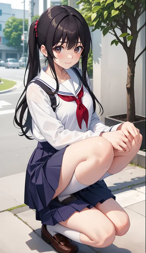 1girl in、AS-Adult、A smile、（Tsundere）、The shirt、skirt by the、（small tits）Chilarism、Japan High School Student Uniform、serafuku、summer clothing、（Sheer Bra）、Upper body portrait、Cute underwear、Squatting panchira、