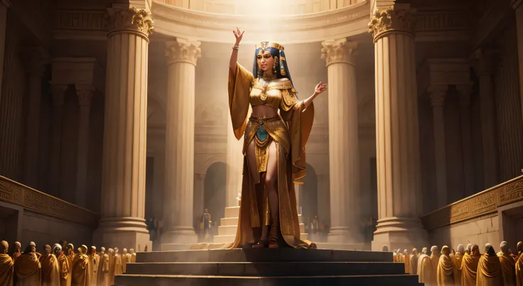 Cleopatra with a realistic face dressed in robes speaking to a crowd in the background on top of a stage as if it were a speech