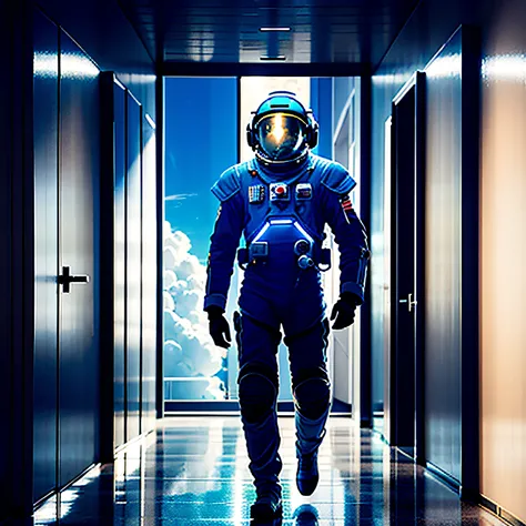 Young male astronaut walking in a hallway of a building, add a hallway with large windows in a panoramic view of the scene of a futuristic metropolis. Large tall windows offer an impressive view of a sunny metropolis. Add a blue sky with clouds in the sky,...