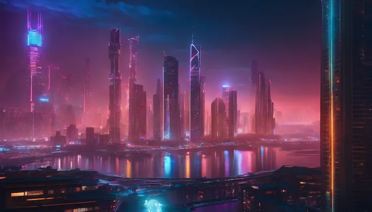 (obra prima) cidade no estilo cyberpunk, illuminated sky, neon light, imagem vista do zero, paisagem ampla, cidade futurista