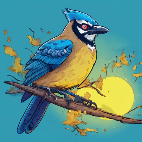 Boggart Blue Jay, glowing yellow eyes, and is ghostly floating through the night, Masterpiece, Best Quality