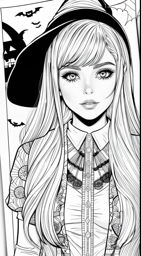 A coloring page with a girl and a cat in a Halloween scene, beautiful witch spooky female, line art colouring page, Retrato de uma jovem bruxa, Bruxa bonita com cabelo longo, black and white coloring, beautiful witch female, coloring book outline, Retrato ...