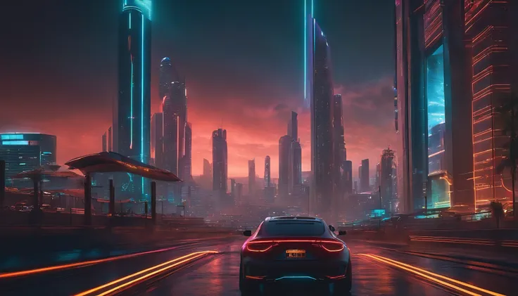 (obra prima) cidade no estilo cyberpunk, illuminated sky, neon light, imagem vista do zero, paisagem ampla, cidade futurista