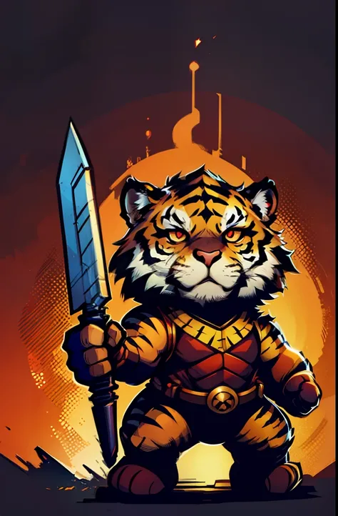 1young tiger, baby face tiger ,chibi, anthropomorphic, golden fur, big red eyes,warrior with one weapon, character 1:1, dynamique pose, simple dark background