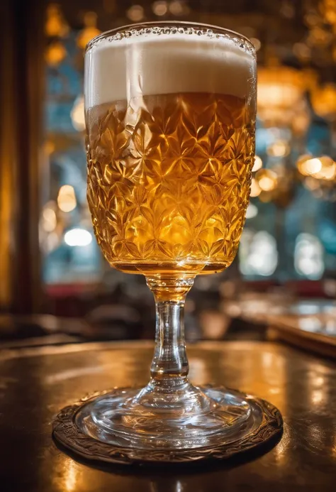 (Beer in a glass in the form of ), A puddle of beer on the table, restaurant, portraite of a, (sharp-focus: 1.2), photo (American Apartment),  in a Parisian coffee shop, (Beautiful reflections: 1.1), Detailed pleats, Delicious testicles, (hard: 1.2), (Mode...