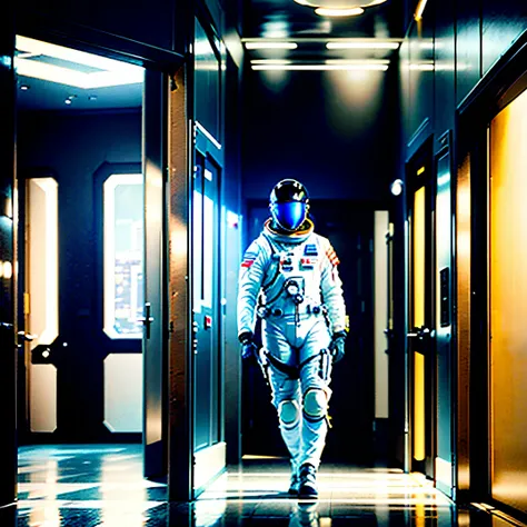 Young male astronaut in white space suit walking in a hallway of a building, add a hallway with large windows in a panoramic view of the scene of a futuristic metropolis. Large tall windows offer an impressive view of a sunny metropolis. Add a blue sky wit...