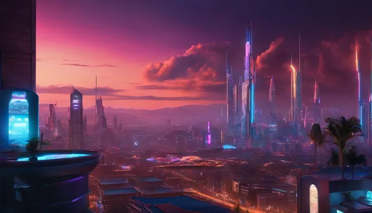 (obra prima) cidade no estilo cyberpunk, illuminated sky, neon light, imagem vista do zero, paisagem ampla, cidade futurista