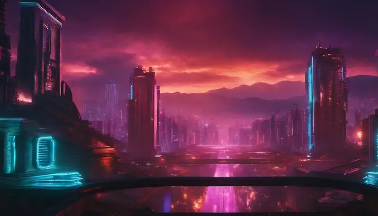 (obra prima) cidade no estilo cyberpunk, illuminated sky, neon light, imagem vista do zero, paisagem ampla, cidade futurista