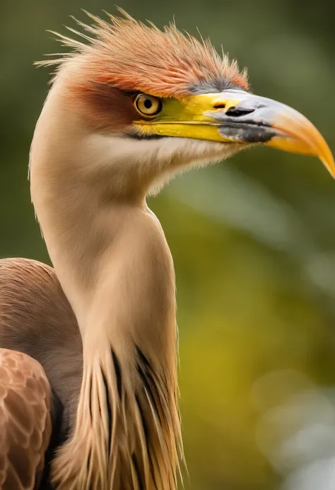 Golden celestial heron with piercing red eyes, At the Sambadrome of São Paulo, Close-up liberando fogo de sangue de seu nariz, alta qualidade, 8k, Muitos detalhes, Fire Particles, 2 pernas, ouro, perigo, Fogo, Giant Heron, colossal, menacingly, imponente.