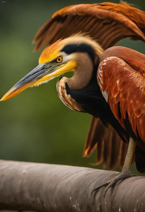 Golden celestial heron with piercing red eyes, At the Sambadrome of São Paulo, Close-up liberando fogo de sangue de seu nariz, alta qualidade, 8k, Muitos detalhes, Fire Particles, 2 pernas, ouro, perigo, Fogo, Giant Heron, colossal, menacingly, imponente.