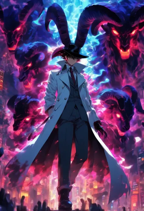 (Masterpiece, Best Quality, Best Quality, 8k, volumetric lighting) one boy, white trenchcoat, black fedora hat, shiny glove on his right hand, ram horns, demon tail