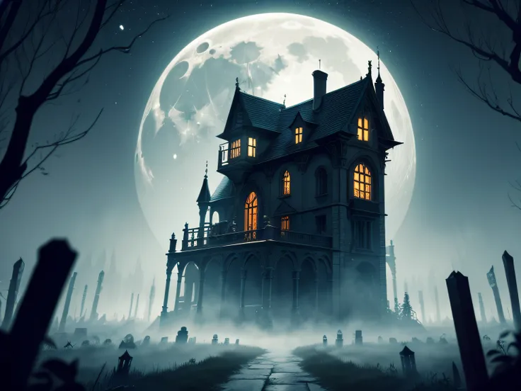 (best quality,4k,8k,highres,masterpiece:1.2),ultra-detailed,(realistic,photorealistic,photo-realistic:1.37),Halloween night scene,Mansion under a full moon,haunted house,captivating moonlight,creepy atmosphere,dark and mysterious,sinister shadows,spooky am...