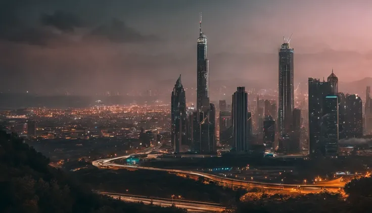 (obra prima) cidade no estilo cyberpunk, illuminated sky, neon light, imagem vista do zero, paisagem ampla, cidade futurista