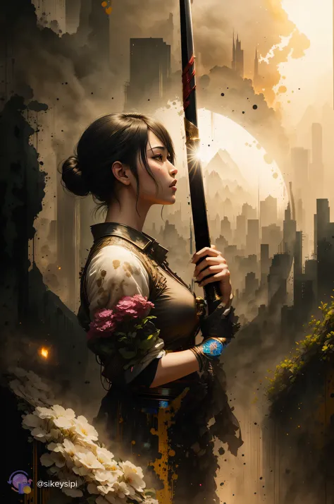 pintura de uma mulher segurando uma katana, Arte no estilo de Guweiz, Epic Fantasy Digital Art Style, she is holding a katana sword, Arte de fantasia 4k, arte de fantasia urbana estilizada, samurai cyberpunk muito bonito, Wojtek FUS, bela arte digital, Art...