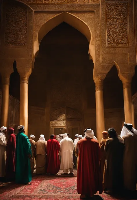 Imam Ali from behind, showing an old paper to the people around him