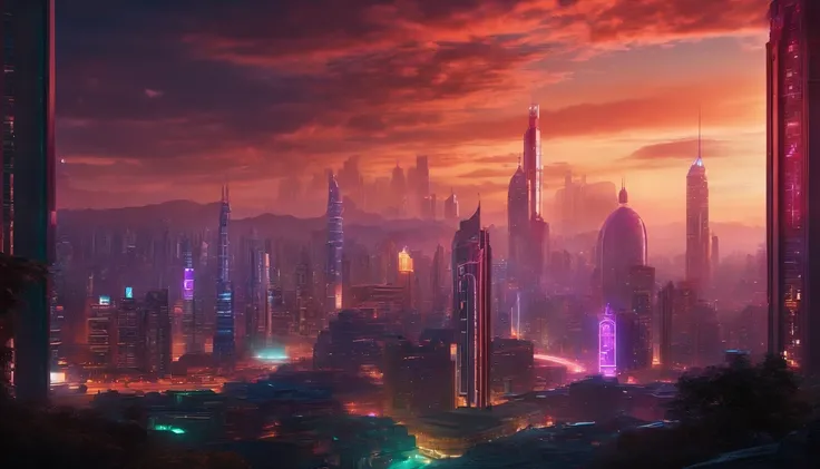 (obra prima) cidade no estilo cyberpunk, illuminated sky, neon light, imagem vista do zero, paisagem ampla, cidade futurista