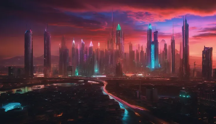 (obra prima) cidade no estilo cyberpunk, illuminated sky, neon light, imagem vista do zero, paisagem ampla, cidade futurista